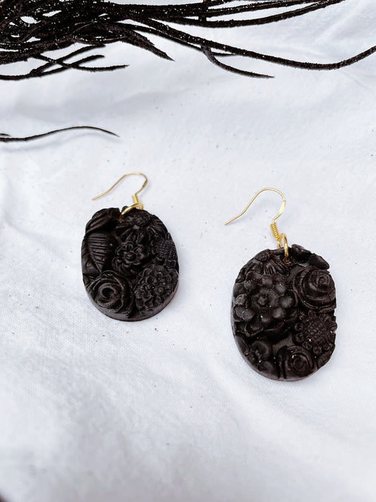 Black Floral Textured Oval Dangle